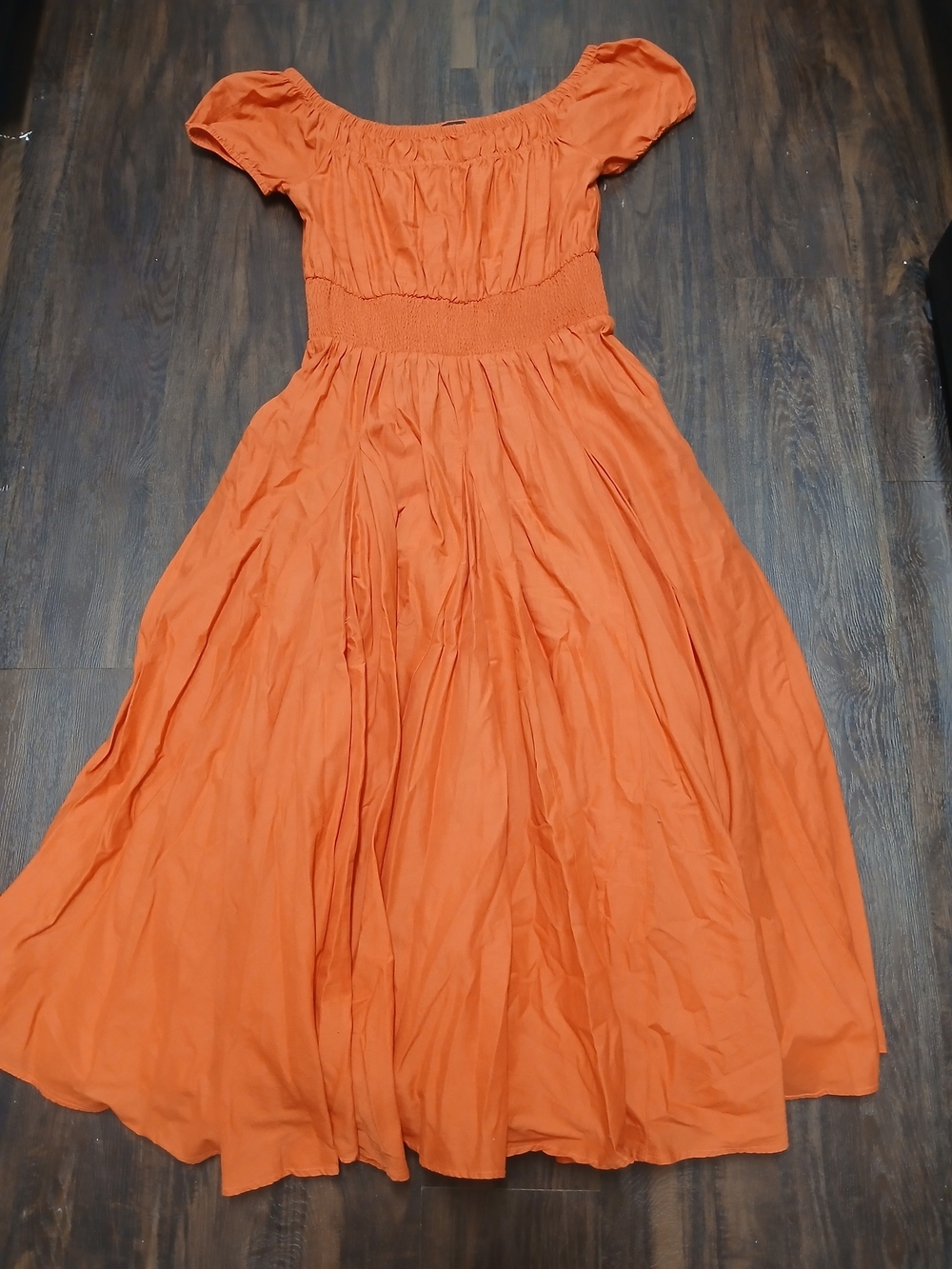 INC International Concepts Orange Smocked-Waist Midi Dress with Puff Sleeves - Picture 6 of 8